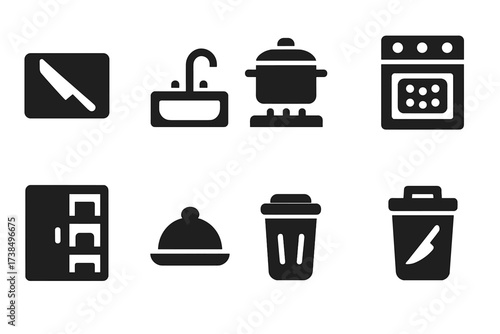 Kitchen Zone Icons. Solid, filled icon set of food prep zones: cutting station, sink area, stove zone, baking area, pantry access, plating station, garbage