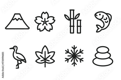Japanese and Korean Icons. Outline icon set of Japanese nature: Mount Fuji, sakura blossom, bamboo, koi fish, crane bird, maple leaf, snowflake, garden stone.