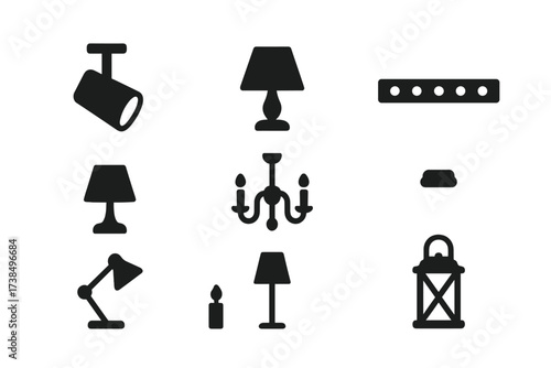 Lighting Icon Set. Solid, filled icon set of accent lighting: spotlight, lamp, chandelier, LED strip, desk lamp, candle, floor lamp, lantern. Solid, filled