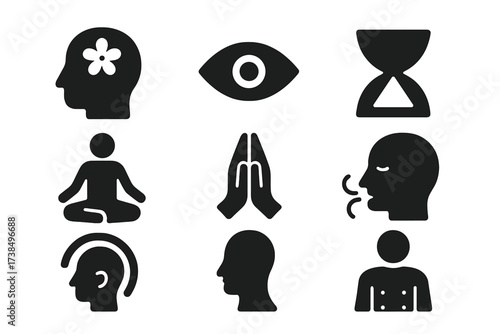 Mindful Icons Grid. Solid, filled icon set of cool down mindsets: calm, focus, patience, mindfulness, relaxation, gratitude, breathing, body awareness. [Line