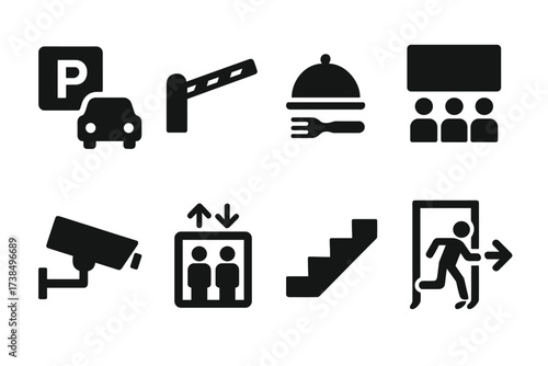 Headquarters Icon Set. Solid, filled icon set of headquarters facilities: parking lot, entrance gate, cafeteria, auditorium, security camera, elevator,