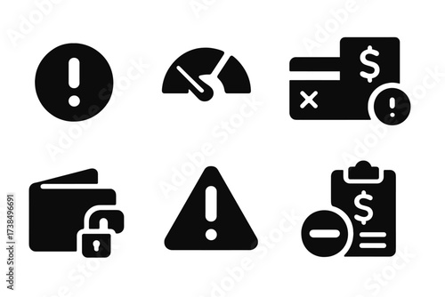 Bad Credit Icons. Solid, filled icon set of bad credit warning: alert badge, broken credit line, declined card, debt notice, locked wallet, warning triangle,