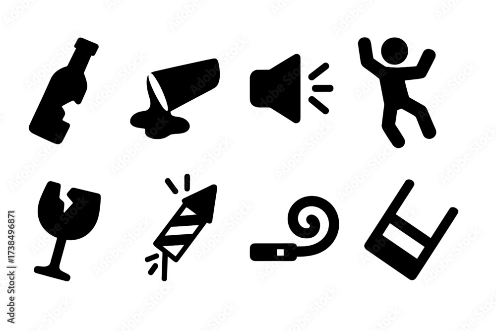 Reckless Party Icons. Solid, filled icon set of reckless party: broken bottle, spilled drink, loudspeaker, dancing wildly, smashed glass, firework, noisemaker,