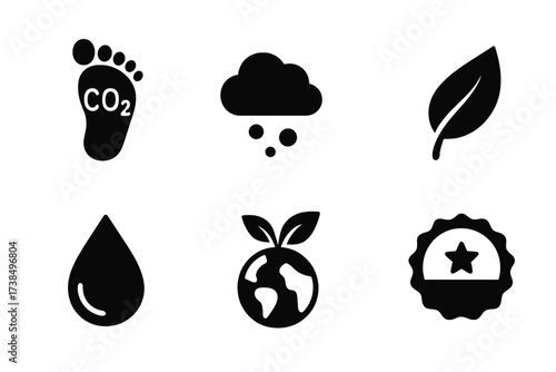 Eco-Friendly Icon Set. Solid, filled icon set of environmental impact: carbon footprint, pollution cloud, recycling arrows, green leaf, water drop, earth with
