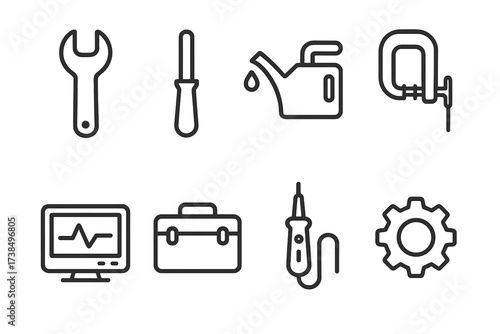 Maintenance Tools Icons. Outline icon set of maintenance tools: wrench, screwdriver, oil can, calibration tool, diagnostic screen, toolbox, circuit tester,