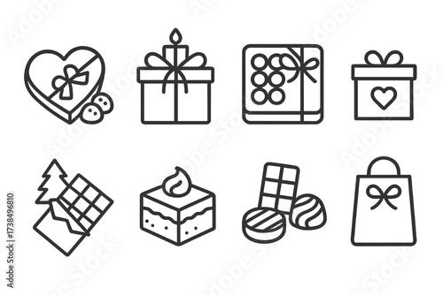 Chocolate Occasion Icons. Outline icon set of chocolate occasions: Valentine?s Day chocolate, birthday chocolate gift, anniversary chocolate box, wedding
