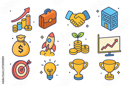 Business Growth Icons. Business growth. Colorful isometric vector icons set of business growth: bar chart with coins, upward arrow, briefcase, handshake deal,