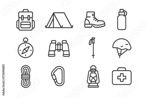 Outdoor Gear Icons. Outdoor adventure gear. Line icon set of outdoor adventure gear: backpack, tent, hiking boots, water bottle, compass, binoculars, trekking