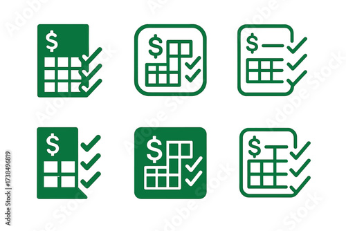 Excel Expense Logos. Tracking expenses with an Excel sheet. Set Logo of tracking expenses with an Excel sheet: spreadsheet with checkmarks. harmonious logo