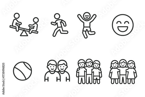 Playful Childhood Icons. Outline icon set of children playing: kid on seesaw, child running, jumping, laughing face, playground ball, friendship, group play,