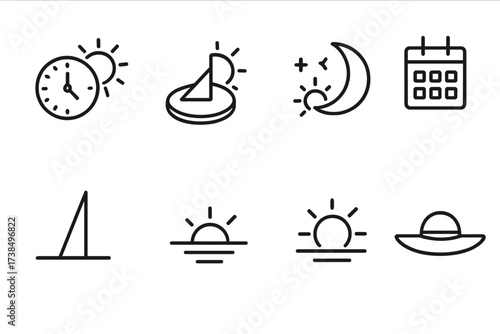 Sun & Time Icons. Outline icon set of sunlight and time: clock with sun, sundial, day and night cycle, solar calendar, shadow length, morning light, afternoon