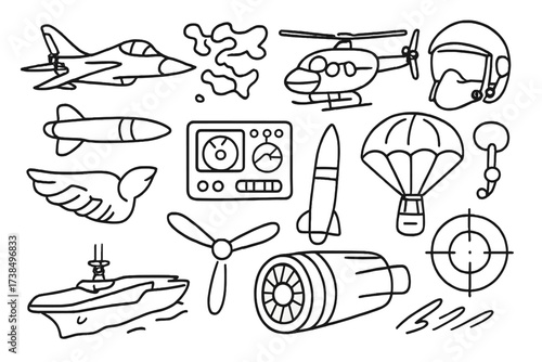 Military Aviation Doodle Icons. Hand-drawn doodle illustration Air force and military aviation tools fighter jet, helicopter, missile, pilot helmet, radar