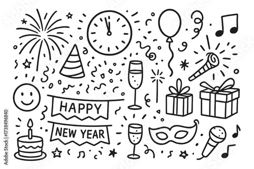New Year's Doodle Icons. Hand-drawn doodle illustration New Year?s Eve party atmosphere fireworks, clock, party hat, confetti, balloon, noisemaker, sparkler,