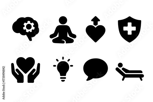 Mental Health Icons. Solid, filled icon set of mental recovery: brain with gear, meditation pose, rising heart, shield with plus, hands holding heart, light