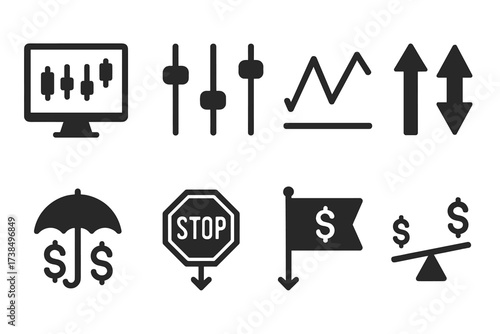 Trading Tools Icons. Solid, filled icon set of trading tools: technical analysis, indicators, chart patterns, trading signals, risk management, stop loss, take
