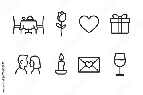 Romantic Date Icons. Outline icon set of romantic dates: dinner table, rose, heart, gift box, couple silhouette, candlelight, love letter, wine glass. Line