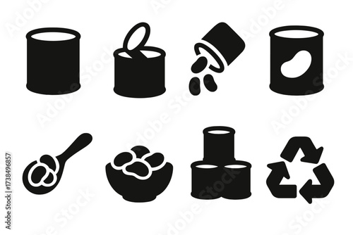 Canned Beans Icon Set. Solid, filled icon set of canned beans: can with lid, open can, beans pouring, label, spoon, bowl, stack of cans, recycling symbol.