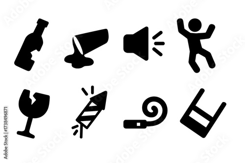 Reckless Party Icons. Solid, filled icon set of reckless party: broken bottle, spilled drink, loudspeaker, dancing wildly, smashed glass, firework, noisemaker,