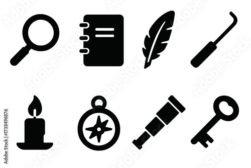 Riddle Tools Icons. Solid, filled icon set of riddle tools: magnifying glass, notebook, quill pen, lockpick, candle, compass, spyglass, old key. [Solid, filled