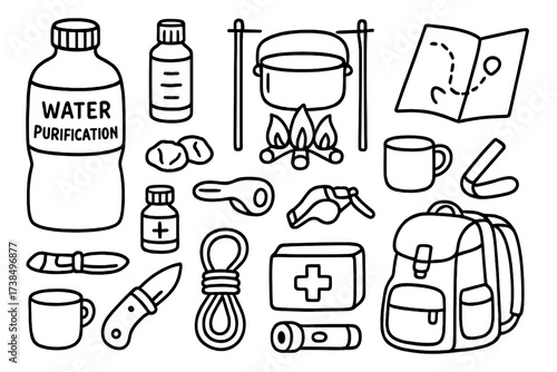 Survival Essentials Doodle. Hand-drawn doodle illustration water purification survival water bottle, filter, boiling pot, fire, charcoal, iodine tablets, cup,
