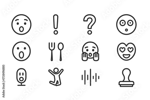 Outline Icon Collection. Outline icon set of romantic dinner tableware: wine bottle, wine glass, dinner plate, salad bowl, bread basket, cutlery set, salt