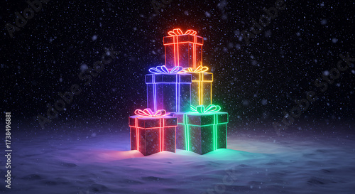 Holiday Presents Under the Snowy Sky: A vibrant stack of colorful, glowing gift boxes stands proudly in the gentle snowfall, radiating festive cheer and yuletide magic under the serene night sky.