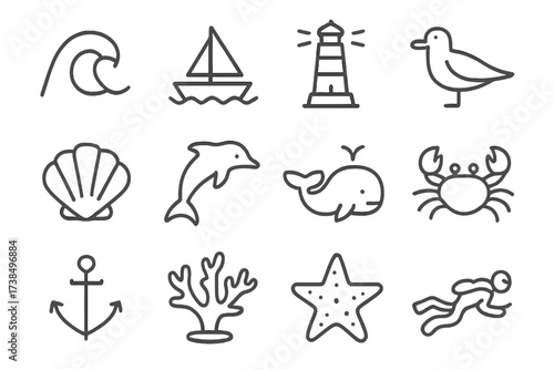 Ocean Icons Grid. Oceans. Line icon set of oceans: wave, sailboat, lighthouse, seagull, seashell, dolphin, whale, crab, anchor, coral, starfish, diver. All