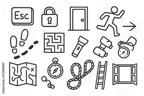 Escape Toolkit Icons. Hand-drawn doodle illustration escape key, lock, door, running person, footprints, maze, flashlight, map, compass, stopwatch, handcuffs,