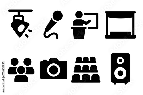 Presentation Settings Icons. Solid, filled icon set of presentation settings: lighting, microphone, audience, stage, backdrop, camera, seating, sound system.