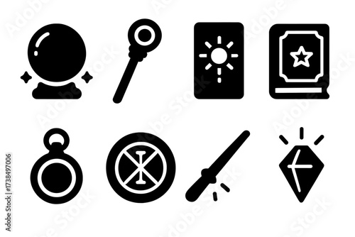 Mystical Artifact Icons. Solid, filled icon set of mystical artifacts: crystal orb, ancient staff, tarot card, enchanted book, amulet, sigil, wand, glowing