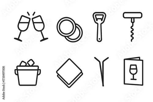 Drinking Accessories Icons. Outline icon set of drinking accessories: clinking glasses, coasters, bottle opener, corkscrew, ice bucket, napkins, straws, drink