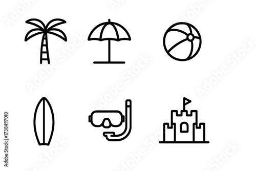 Beach Tourism Icons. Outline icon set of beach tourism: palm tree, sun umbrella, beach ball, seashell, surfboard, snorkel gear, sandcastle, lifeguard tower.