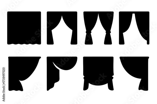 Curtain Icon Variations. Solid, filled icon set of curtain positions: closed curtain, open curtain, tied curtain, half-open curtain, curtain blowing, curtain