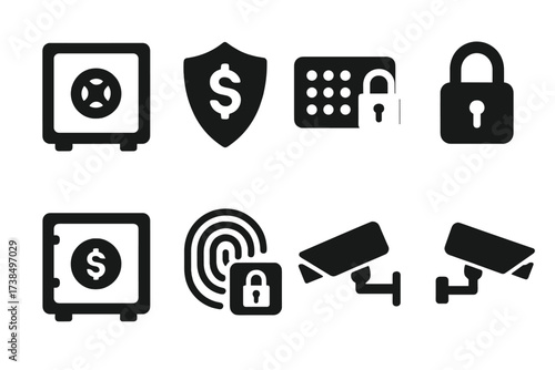 Security Icon Set. Solid, filled icon set of deposit security: vault icon, shield with money, passcode entry, secure lock, encrypted deposit, safe icon,