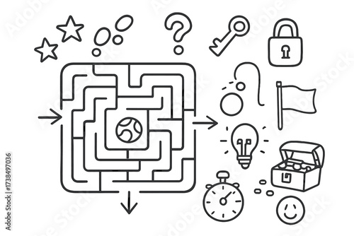 Cartoon Maze Adventure. Hand-drawn doodle illustration children?s maze cartoon path, walls, arrows, footprints, question mark, maze ball, key, lock, stars,