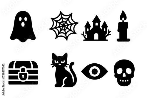 Spooky Icon Set. Solid, filled icon set of spooky mystery: ghost, spider web, haunted house, candle, locked chest, black cat, eerie eye, skull. [Line icons in