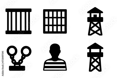 Prison Icon Set. Solid, filled icon set of prison and confinement: jail cell, barred window, prisoner silhouette, guard tower, shackles, prison bed, barred