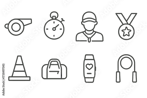 Sports Discipline Icons. Outline icon set of discipline in sports: whistle, stopwatch, coach, medal, training cone, gym bag, fitness tracker, jump rope. Line
