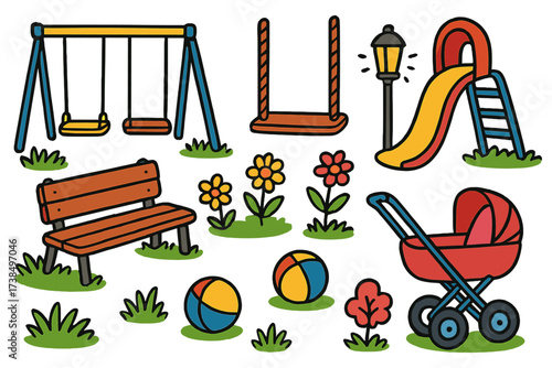 Colorful Park Playground. Park swings. Colorful Hand-drawn doodle Children illustration park swings metal swing, double swing, rope swing, slide, bench, lamp