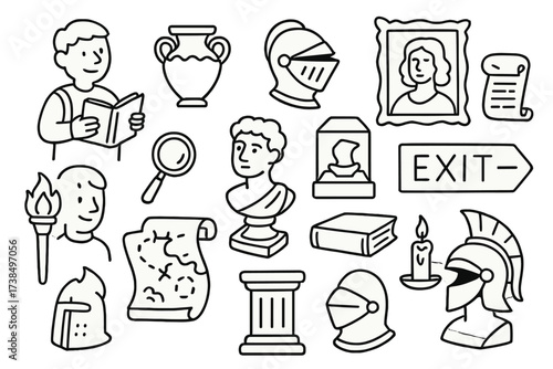 Museum Doodle Icons. Hand-drawn doodle illustration Museum artifacts and visitors visitor with guidebook, ancient vase, knight helmet, painting, scroll,