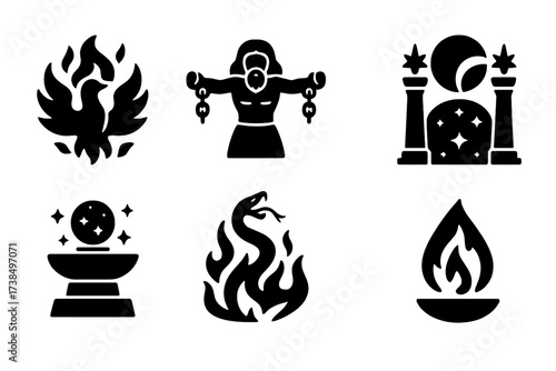 Mythic Sacrificial Icons. Solid, filled icon set of mythic sacrificial themes: burning phoenix, chained god, moon eclipse, celestial gate, cosmic altar, fire