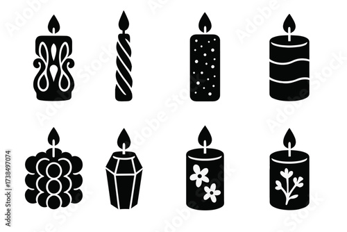 Decorative Candle Icons. Solid, filled icon set of decorative candle styles: carved candle, twisted taper, glitter candle, layered wax, colored wax, bubble