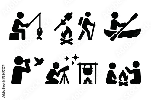 Camp Activity Icons. Solid, filled icon set of camp activities: fishing, roasting marshmallows, hiking, kayaking, bird watching, stargazing, cooking,
