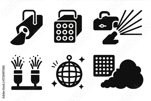 Concert Lighting Icons. Solid, filled icon set of concert lighting and effects: spotlight, strobe light, laser beam, smoke machine, pyrotechnics, disco ball,