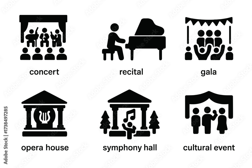 Fototapeta premium Orchestra Icons Set. Solid, filled icon set of orchestra events and venues: concert, recital, gala, festival, opera house, symphony hall, open air stage,