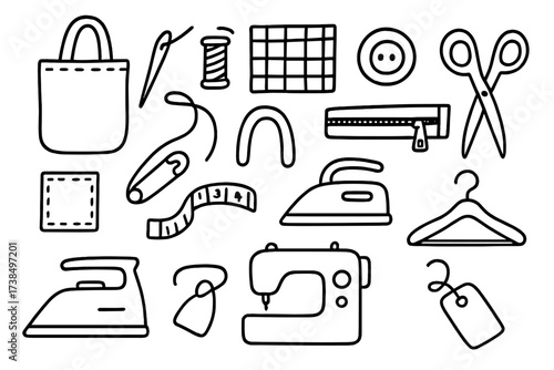 Sewing Essentials Icons. Hand-drawn doodle illustration Cloth bag tote bag, stitching needle, thread spool, fabric pattern, button, scissors, safety pin,
