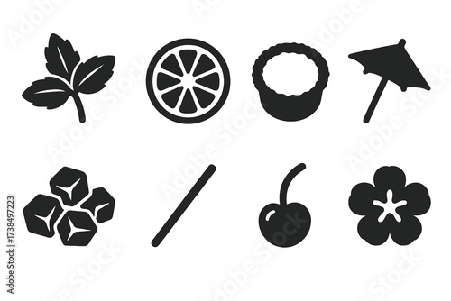 Mojito Garnish Icons. Solid, filled icon set of mojito garnish and decoration: mint sprig, lime wheel, sugar rim, cocktail umbrella, crushed ice, straw,