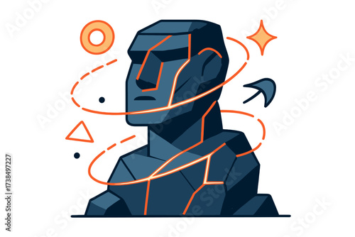 Futuristic Stone Sculpture. Futuristic stone statue. Abstract geometric stone sculpture with glowing lines, floating holographic symbols orbiting around.