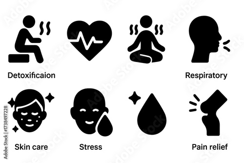 Steam Room Health Icons. Solid, filled icon set of steam room health benefits: detoxification, improved circulation, muscle relaxation, respiratory relief,