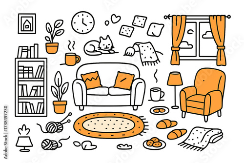Cozy Living Room Scene. Cozy indoors. Hand-drawn doodle illustration cozy indoors sofa, steaming mug colored, armchair, slippers colored, bookshelf, cat